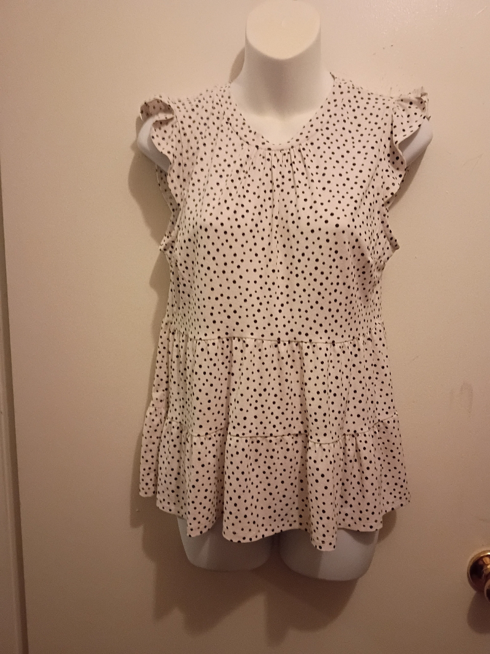 Monteau White Top with Black Polka Dots and Ruffle Sleeves